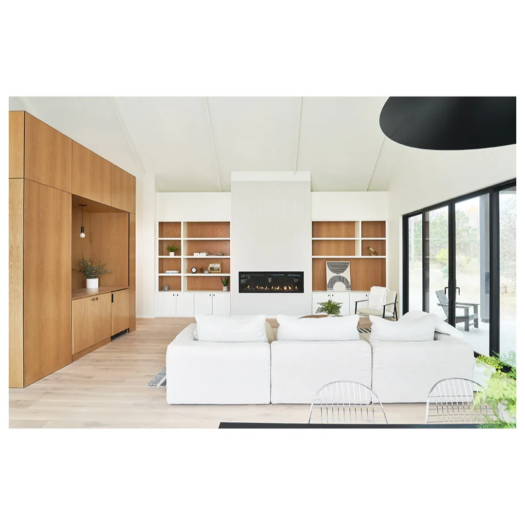 Living room with white oak built-ins, linear fireplace, and floor-to-ceiling windows